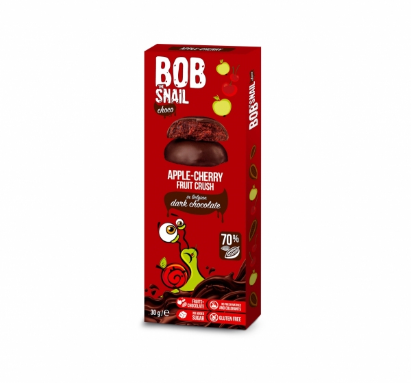 PRZEKĄSKA JABŁKOWO-WIŚNIOWA W CIEMNEJ CZEKOLADZIE 30g - BOB SNAIL